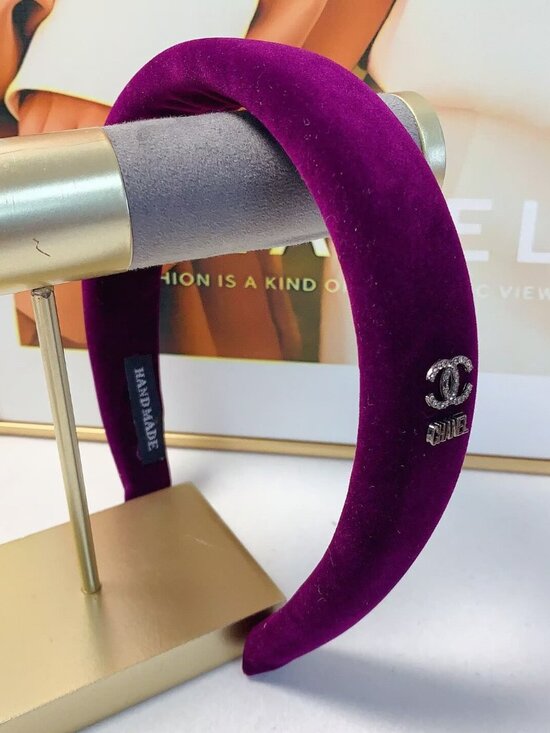 CHANEL Purple Velvet Padded Headband with Crystal Logo